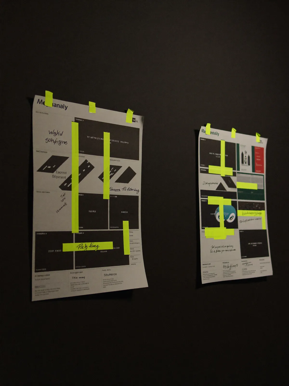 Struktur-Ausdrucke mit Neon-Markierungen an der Studiowand